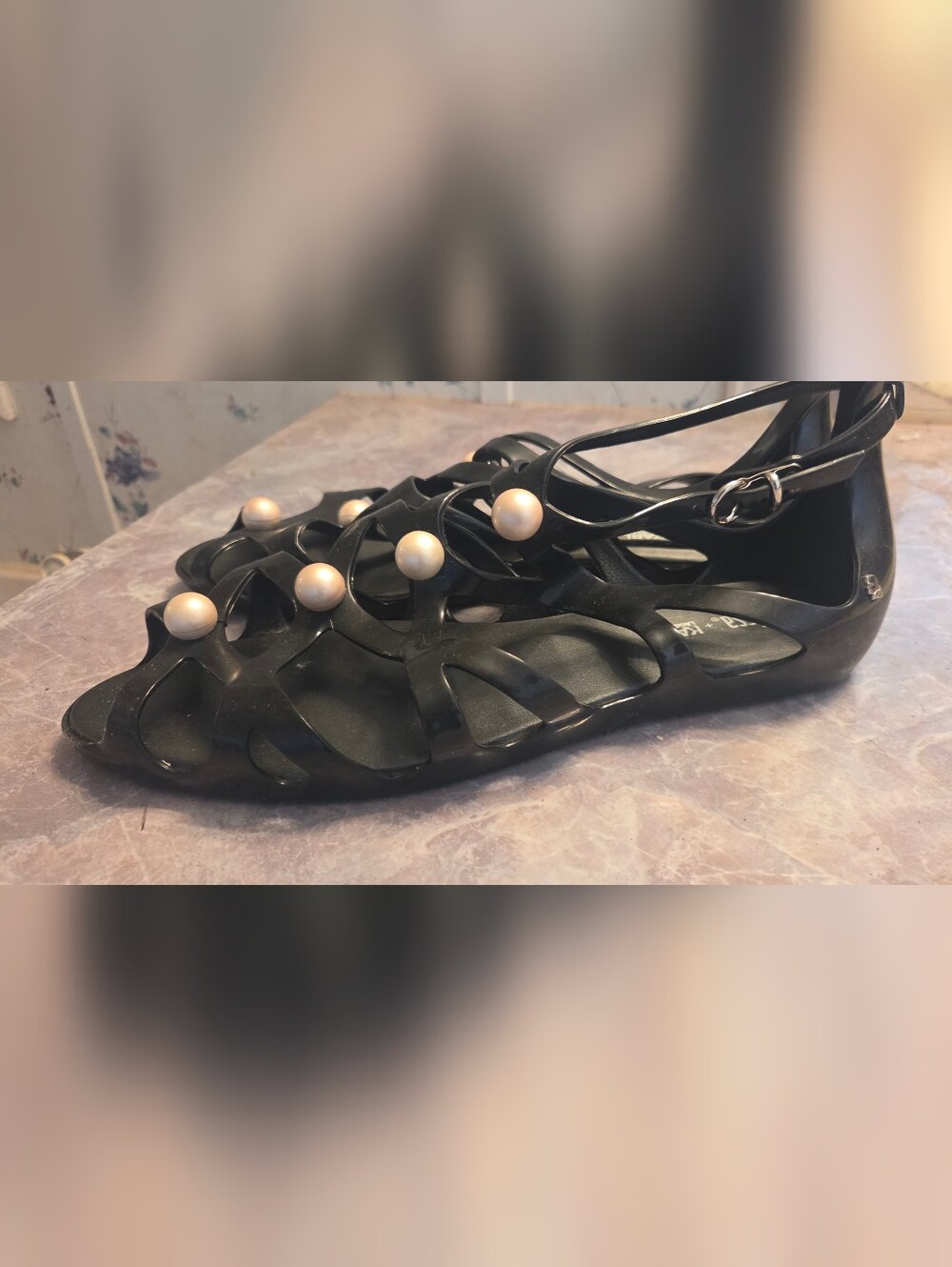 Melissa Black Sandals with Pearl Buttons - Picture 5 of 6